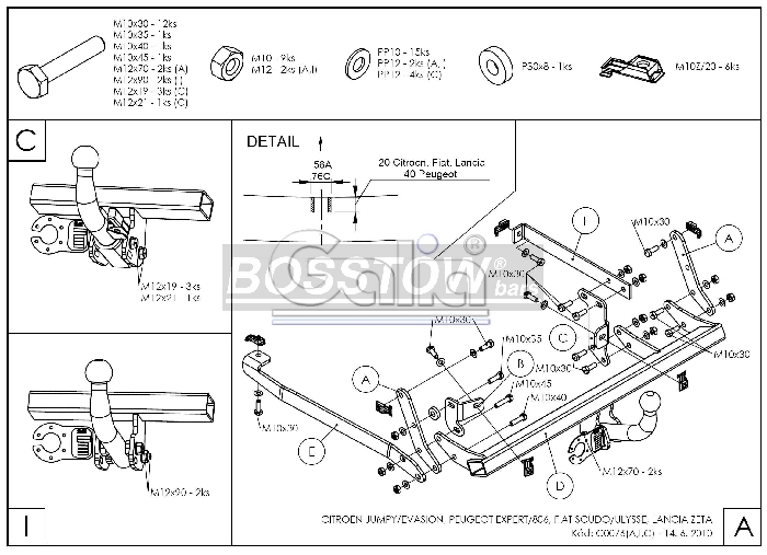 Anhängerkupplung für Citroen-Jumpy Kasten/ Bus/ Kombi, Baureihe 1995-2007 starr