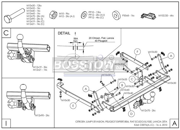 Anhängerkupplung für Fiat-Ulysse, Baureihe 1997-2002 starr