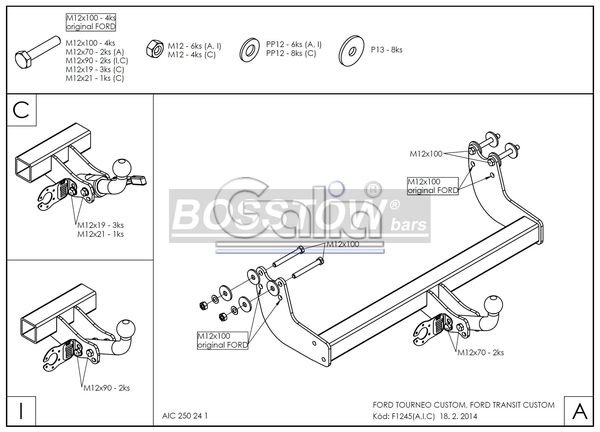 Anhängerkupplung für Ford-Tourneo Custom, Baureihe 2012-2016 starr