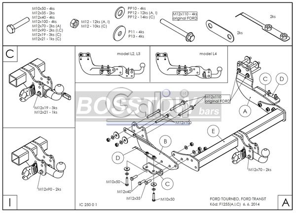 Anhängerkupplung für Ford-Transit Bus, Kastenwagen 2, 9- 4,6 t Gesamtgewicht- Fzg. mit Elektrosatz Vorbereitung, Baureihe 2016-2019 starr