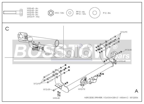 Anhängerkupplung für Mercedes-Sprinter Kastenwagen Heckantrieb 208-316, Radstd. 3550 mm, Fzg. ohne Trittbrettst., Baureihe 1995-2000 starr