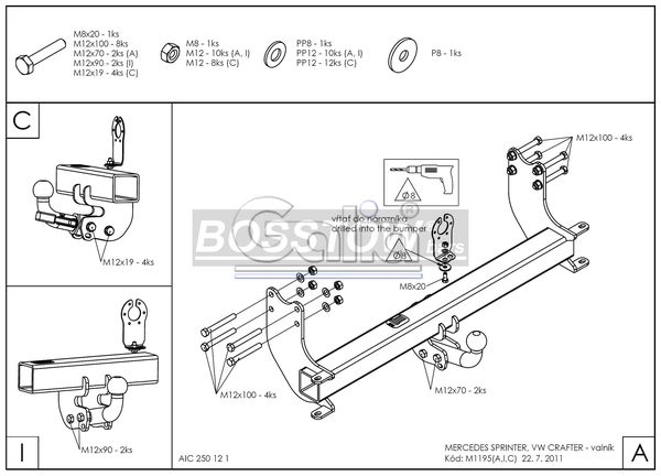 Anhängerkupplung für Mercedes-Sprinter Pritsche Heckantrieb 409-424, Radstd. 3250mm, Baureihe 2006-2018 starr