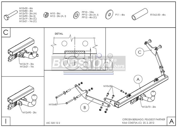 Anhängerkupplung für Peugeot-Partner Kasten/ Bus/ Kombi, Baureihe 2000-2002 starr &ndash; Bild 2 von 2