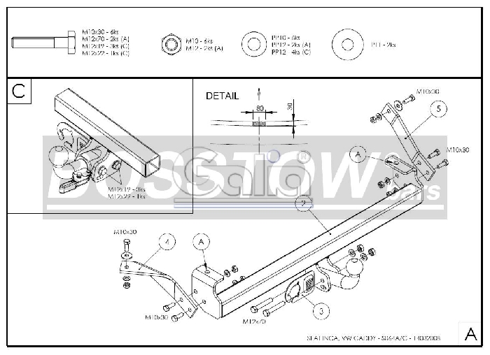 Anhängerkupplung für VW-Caddy II, Kasten/ Bus/ Kombi, Baureihe 1995-2003 starr