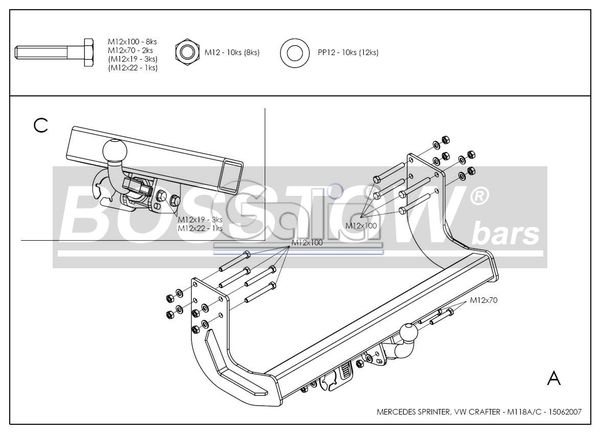 Anhängerkupplung für VW-Crafter I 46, Kasten, Radstd. 3250mm, Fzg. ohne Trittbrettst., Baureihe 2006-2017 starr