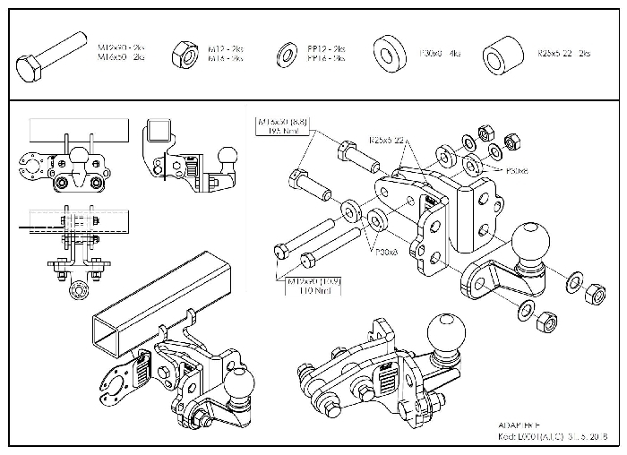 Kugelstange C0456 I/C (für Fiat Ducato Pritsche) BOSStow Adaptersatz auf Flanschkugel höhenverstellbar