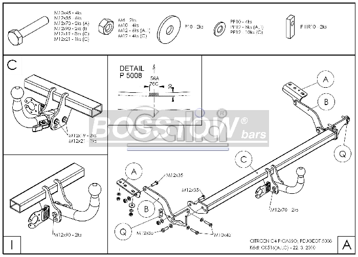 Anhängerkupplung für Citroen-C4 Picasso u. Gran Picasso, Baureihe 2006-2011 abnehmbar